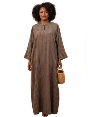 Handmade No Wrinkle Taupe Mixed Media Striped Eyelash Fringe Abaya Dress L/ XL